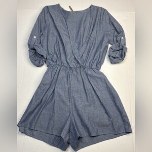 Primi Women's Large Romper Blue Chambray Shorts Cotton V-Neck Roll Tab Sleeves